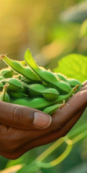 Fresh green pea pods held in hand