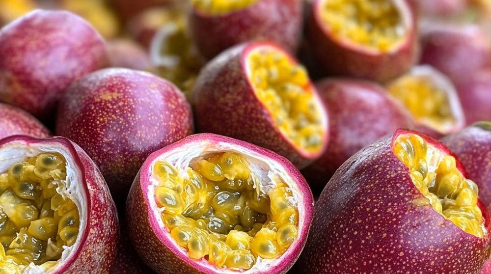 Passion fruit, whole and halved